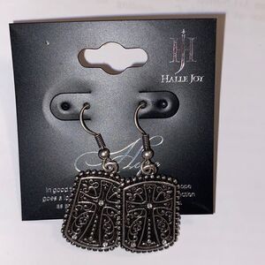 Halle Joy Assured Cross Hook Earring Silver Black NWT